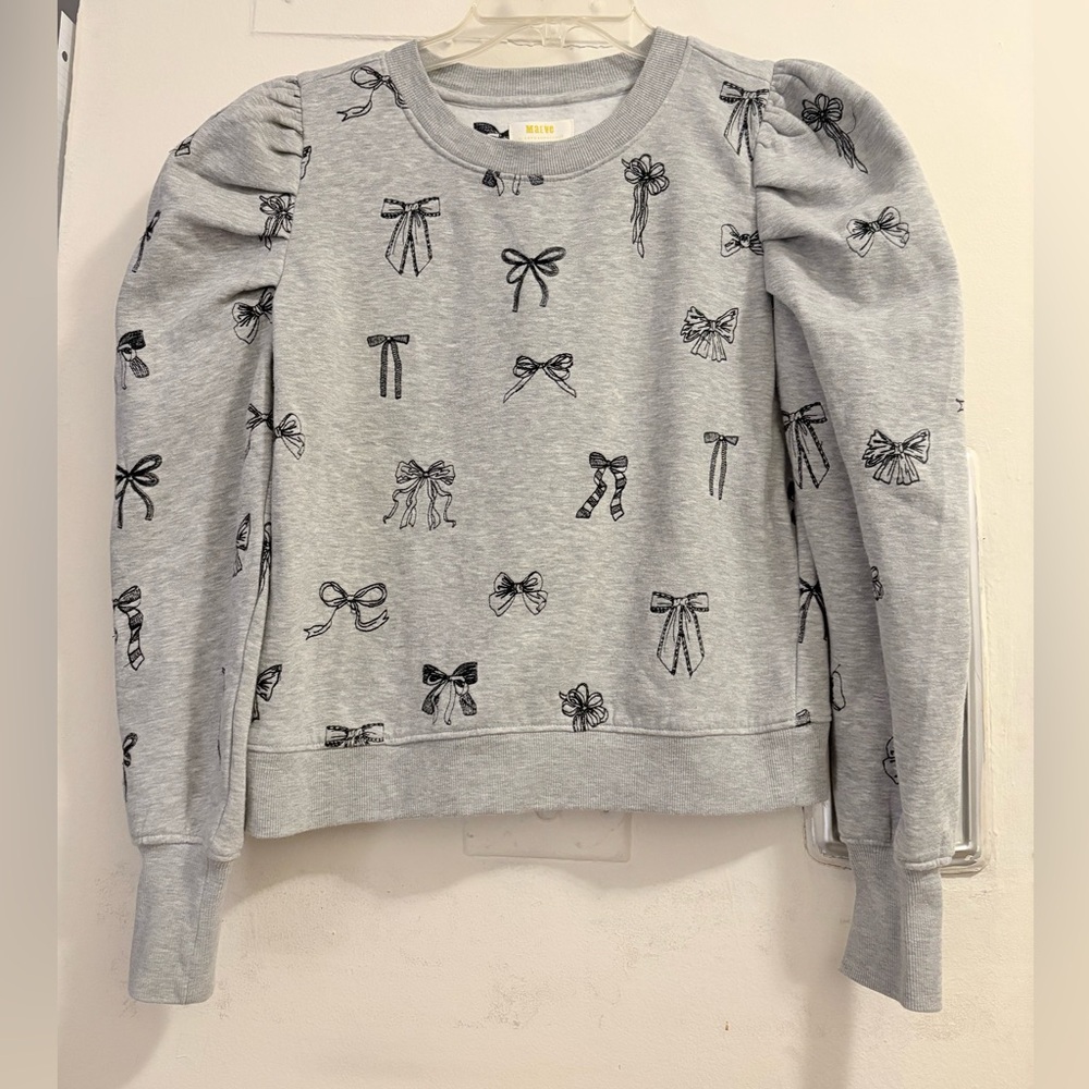 Maeve Anthropologie Gray Puff Sleeve Bow Embroidered Sweatshirt size Medium